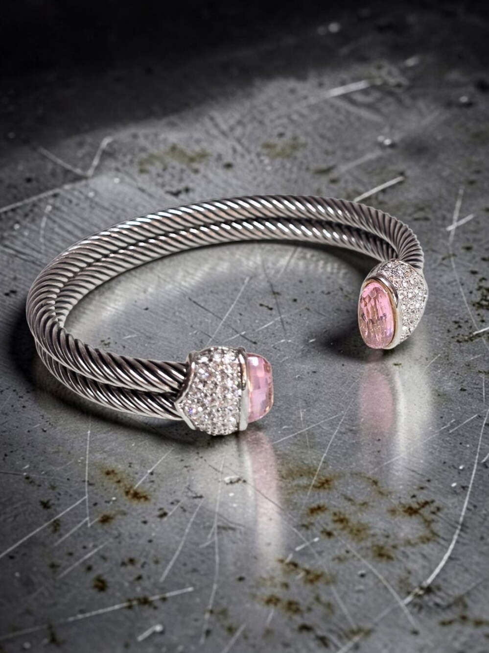 Silver Plated Dual Cable Cuff Bracelet with Pink And Clear Rhinestone Accents